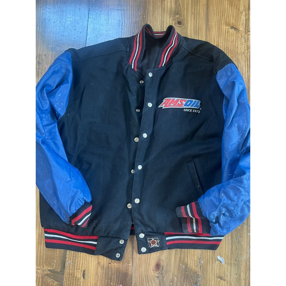 Vintage JH Design Amsoil Racing Varsity Jacket Mens Black Blue Leather Wool L